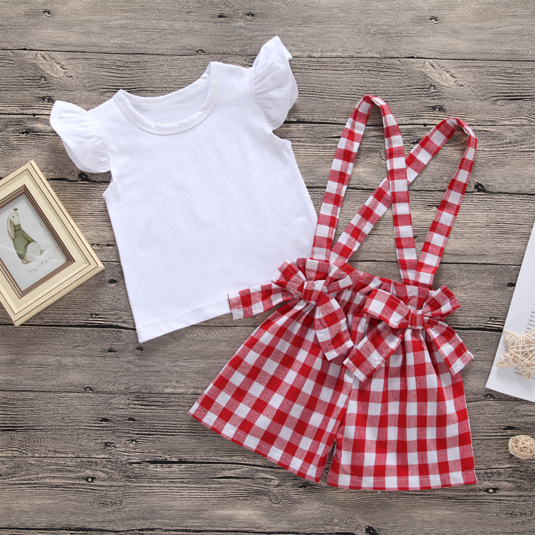 

2-piece Solid Top and Plaid Overalls for Baby / Toddler Girl