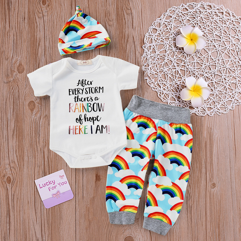 

3-piece Letter Bodysuit Rainbow Printed Outfit