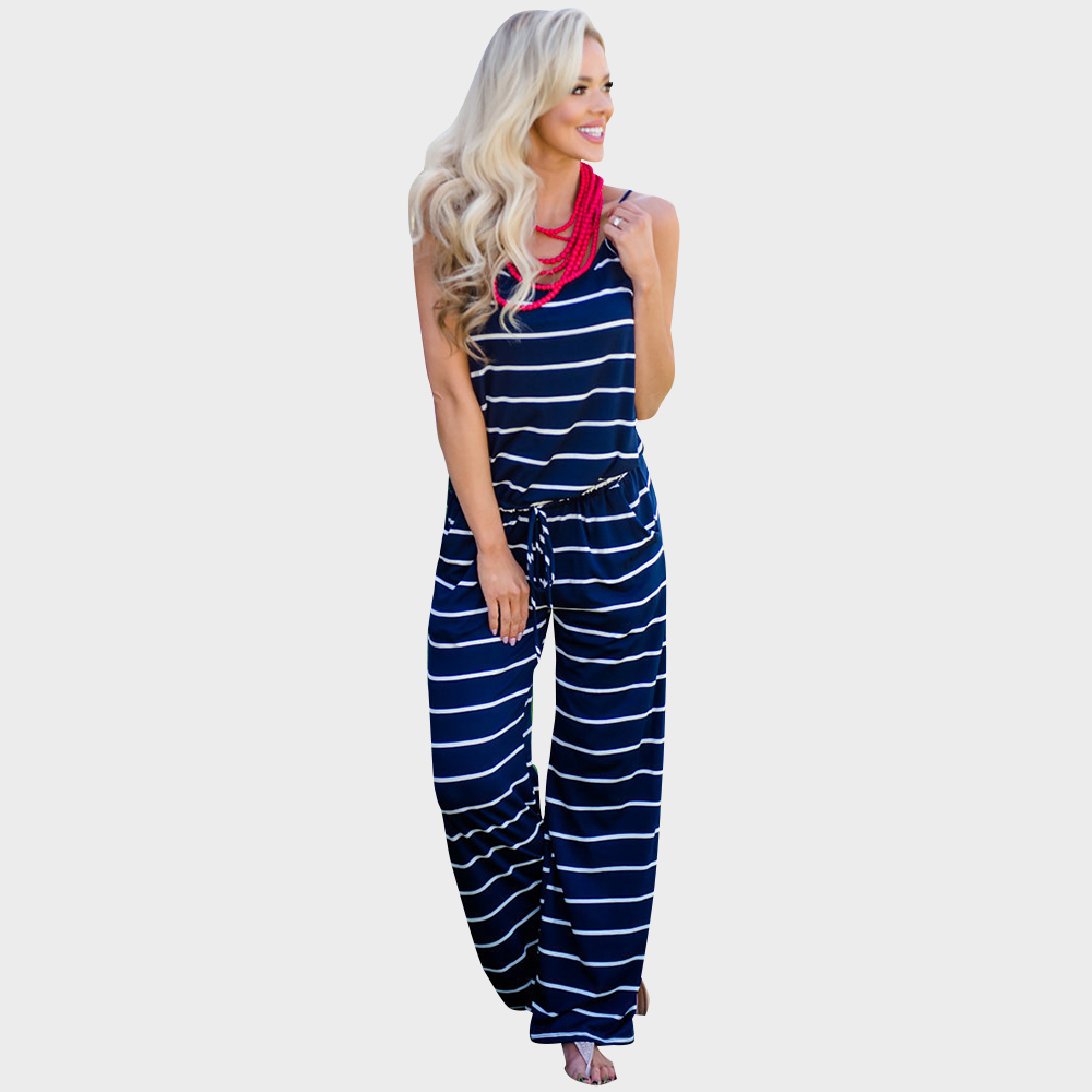 

Soft Striped Adjustable Strap Pockets Jumpsuit