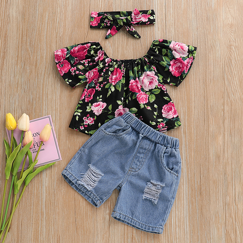 

3-piece Off The Shoulder Floral Denim Outfit