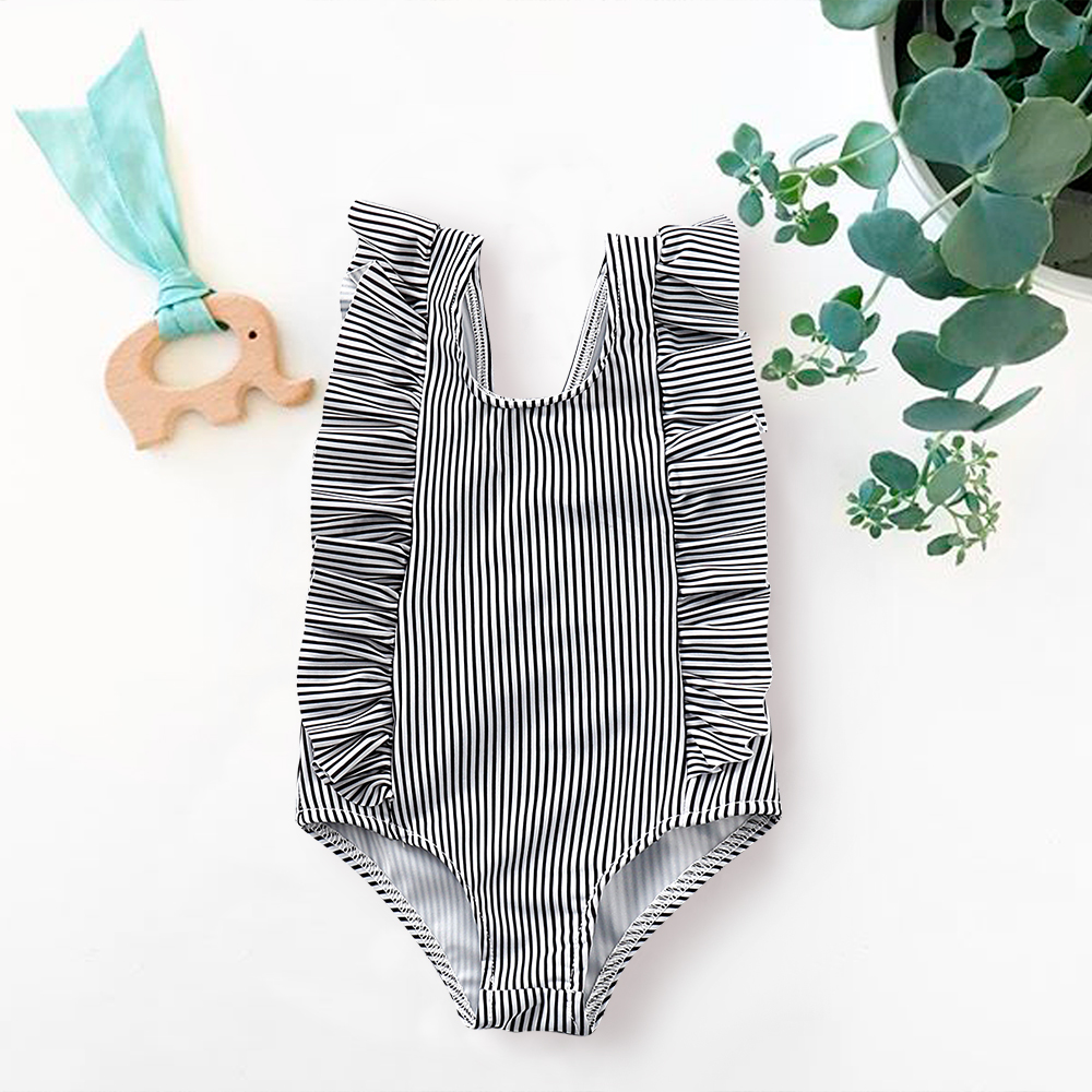 

Toddler Girl One-piece Ruffle Side Striped Swimsuit