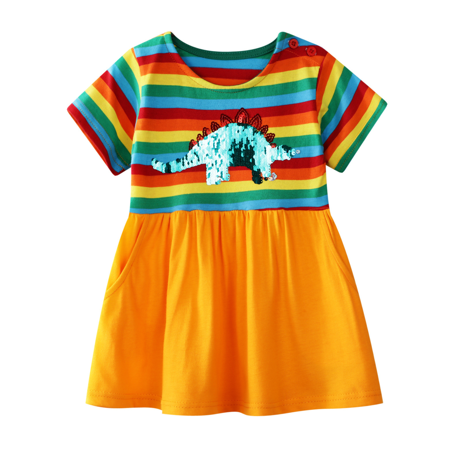 

Summer Girl's Colorful Striped Print Dinosaur Sequined Dress