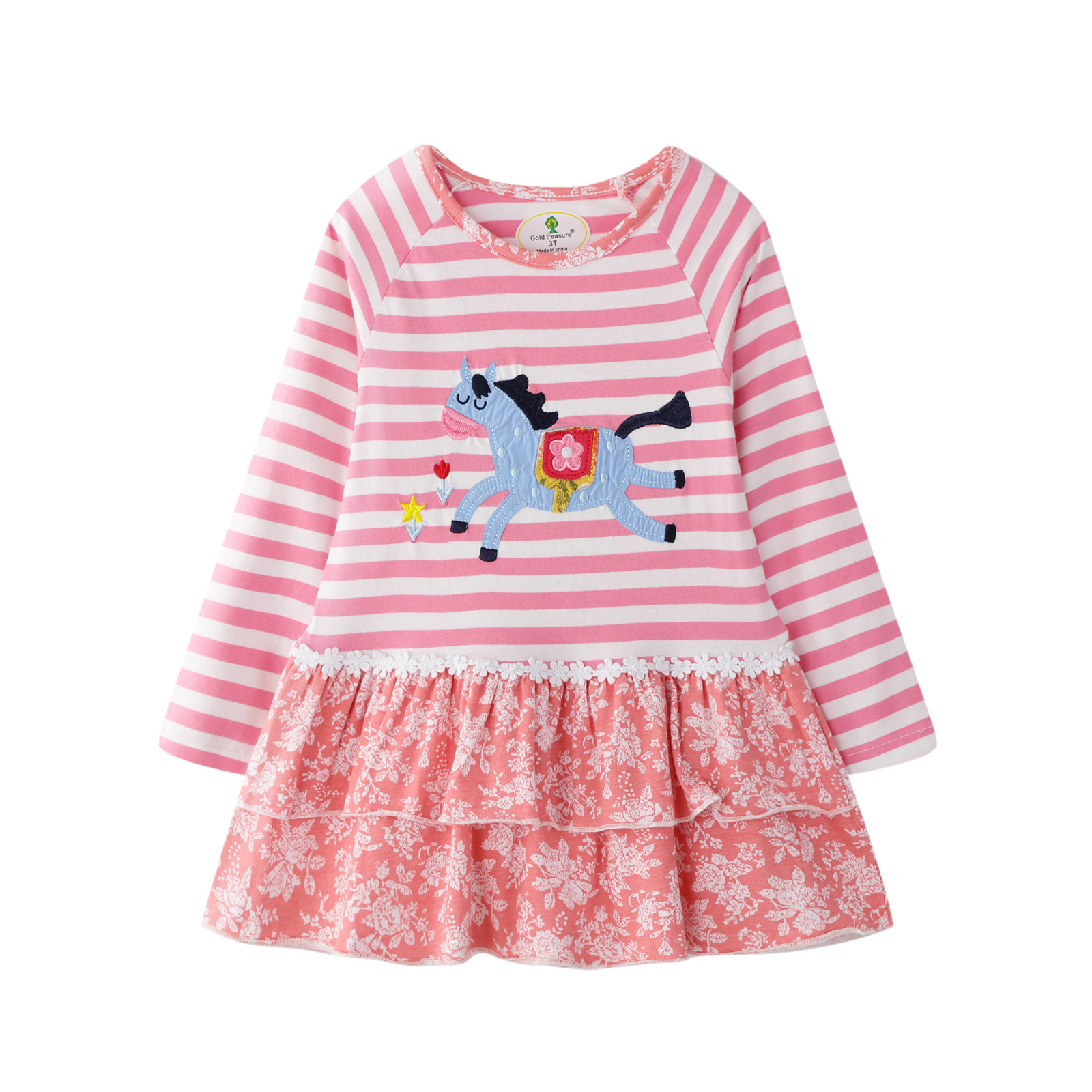 

Autumn Girl's Print Horse Cartoon Striped Long-sleeve Dress