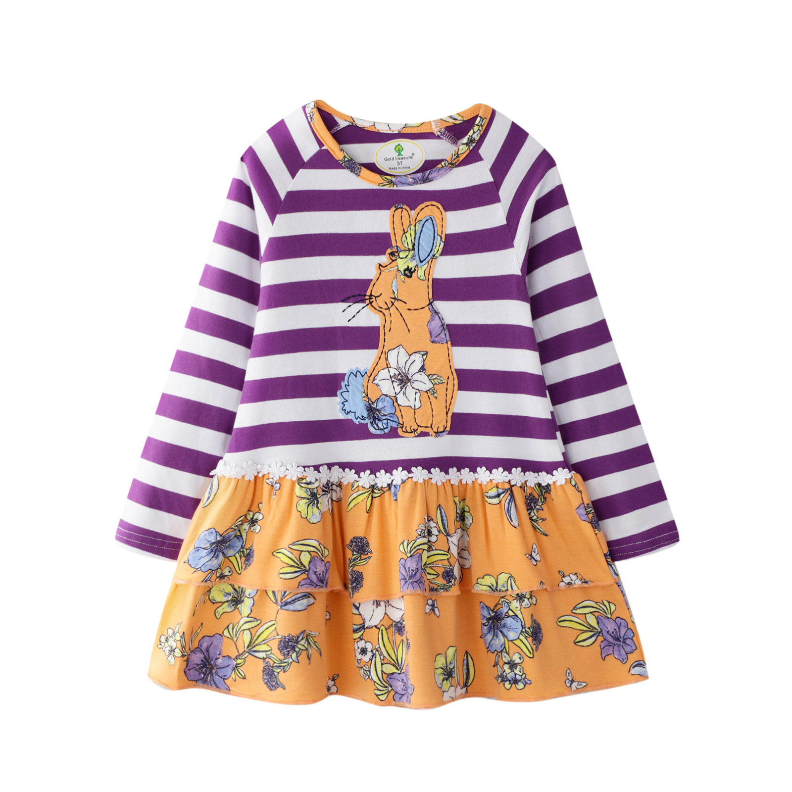 

Autumn Girl's Print Floral Rabbit Striped Long-sleeve Dress