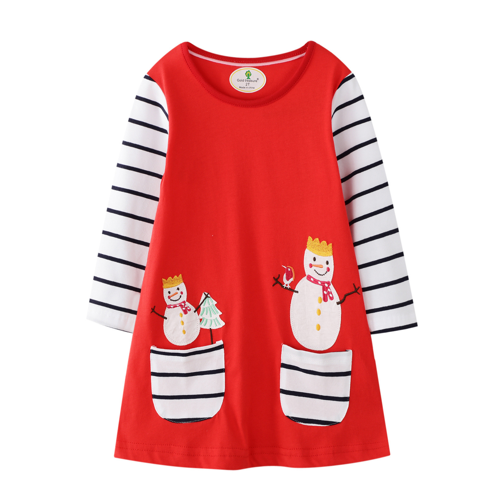 

Girl's Print Snowman Striped Long-sleeve Dress