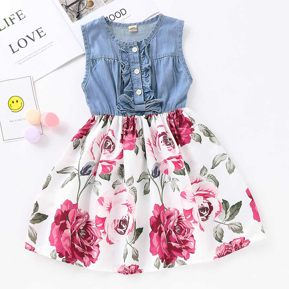 

Denim Splice Floral Dress For Baby/ Toddler Girl's