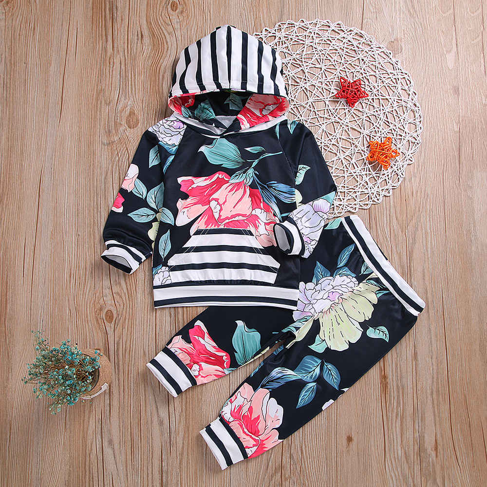 

Baby / Toddler Pretty Floral Print Striped Hoodies and Pants Set