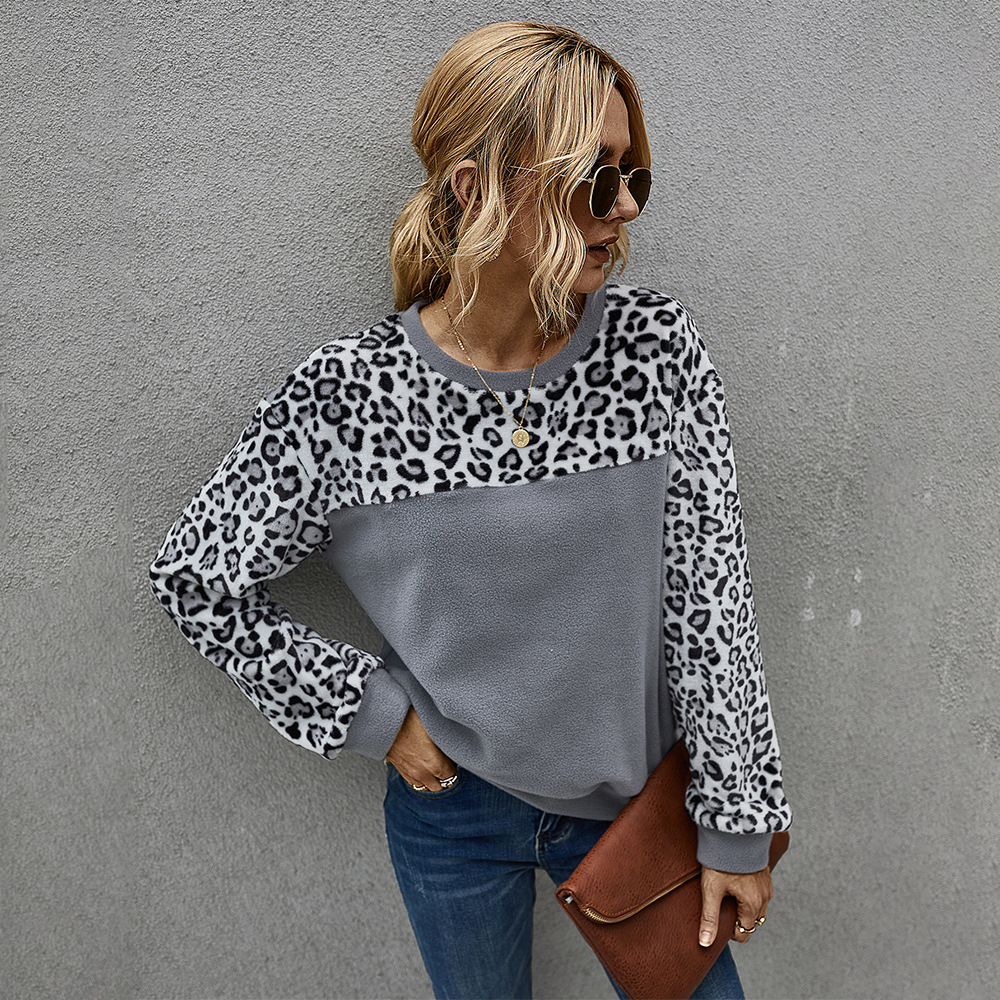 

Round collar Leopard Color block long sleeve normal Pullover