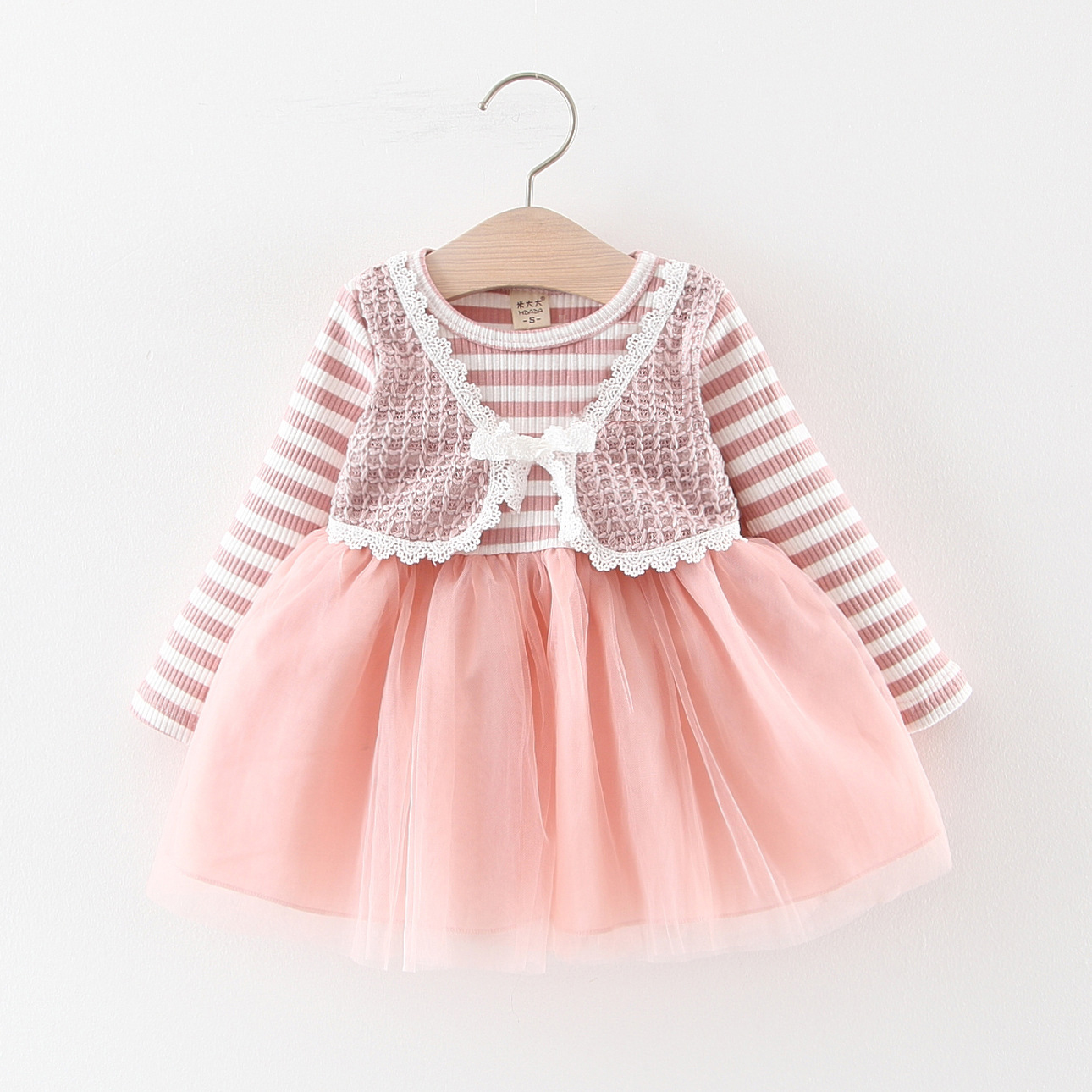 

Baby / Toddler Sweet Striped Lace Faux-two Long-sleeve Tulle Dress