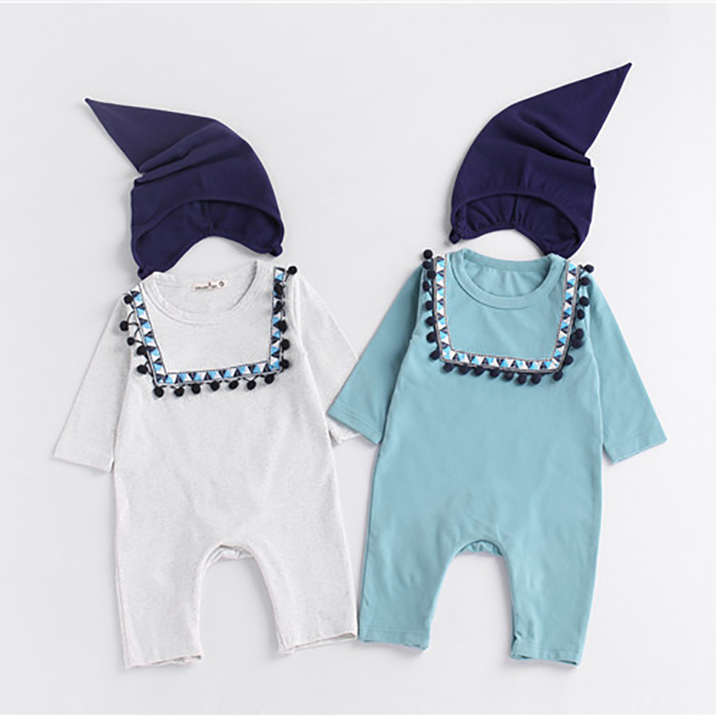 

Baby Pompom Decor Solid Long-sleeve Jumpsuit and Hat