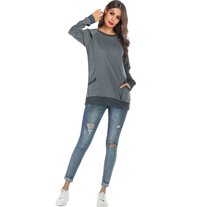 

Autumn and winter new collar stitching contrast color solid color round neck pocket female sports T-shirt top sweater