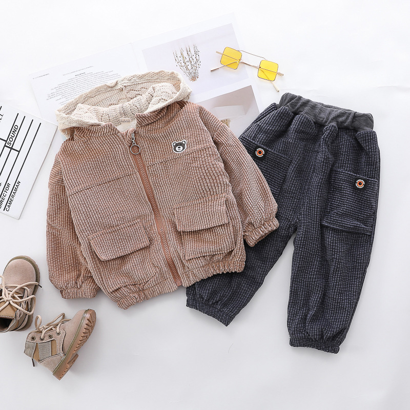 

2-piece Baby / Toddler Lovely Bear Print Hooded Jacket and Solid Pants Set