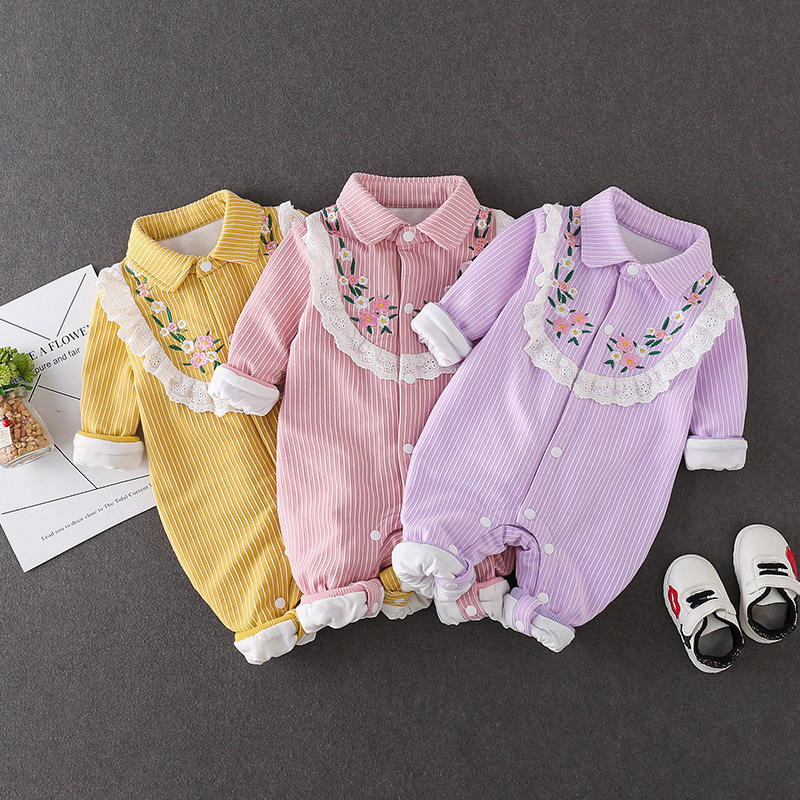 

Baby Girl Stripe Floral Embroidery Lace Design Long-sleeve Jumpsuit