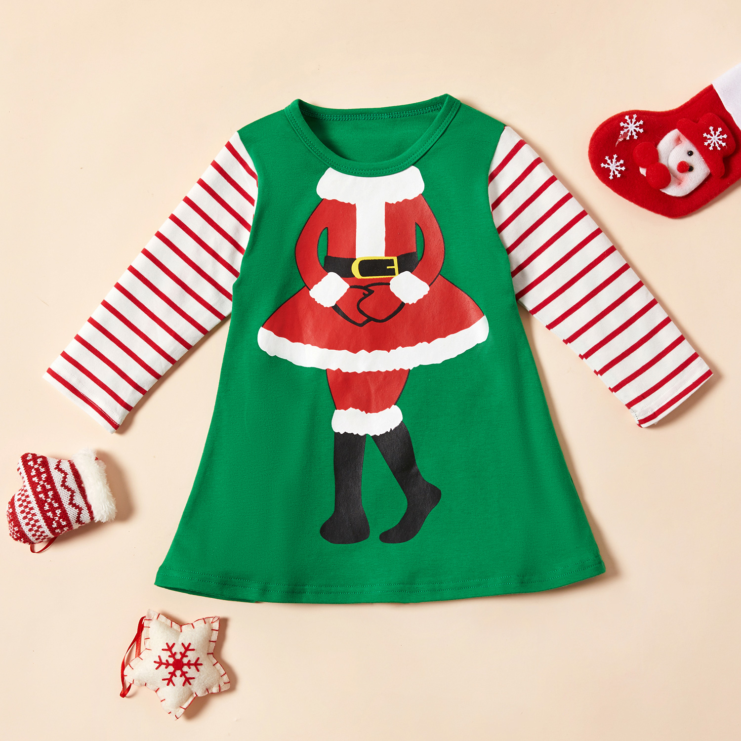 

Baby / Toddler Christmas Cartoon Print Striped Long-sleeve Party Dress
