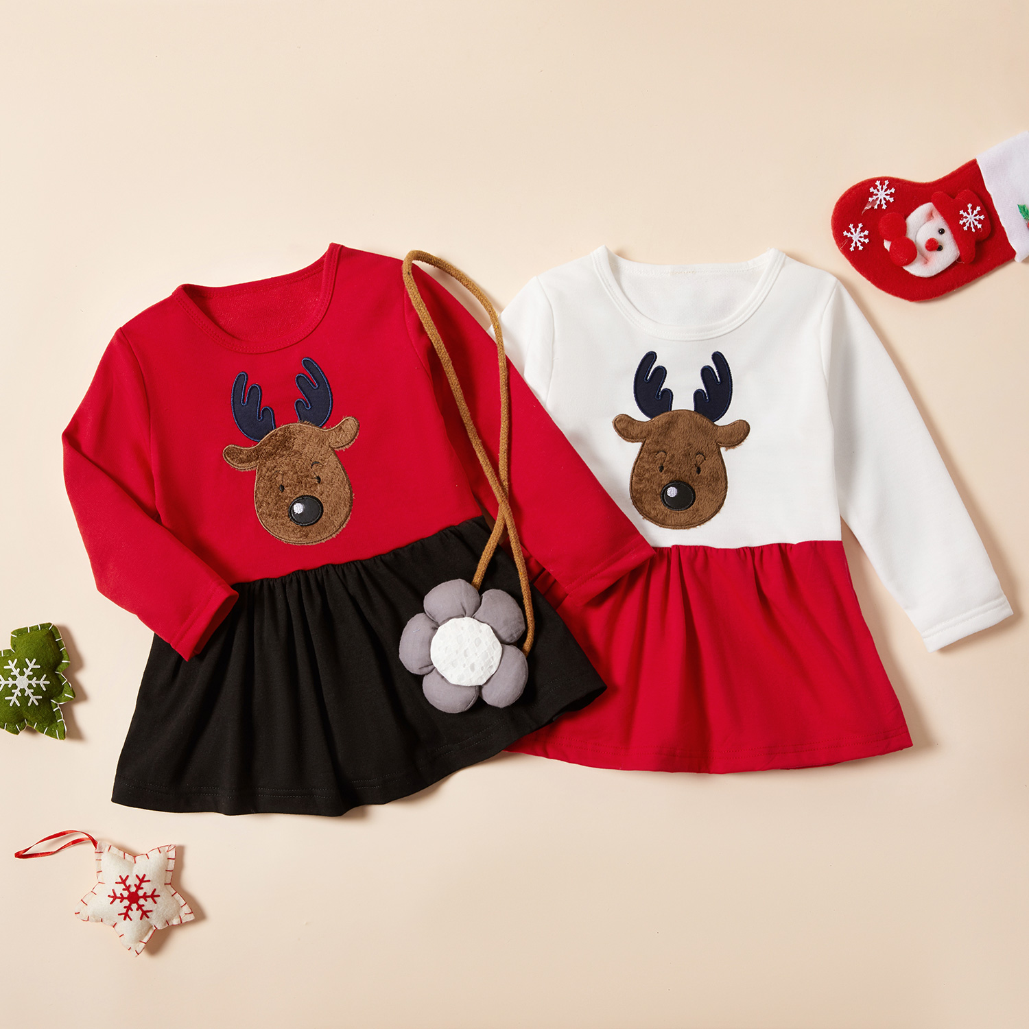 

Baby / Toddler Christmas Elk Embroidered Applique Long-sleeve Cotton Dr