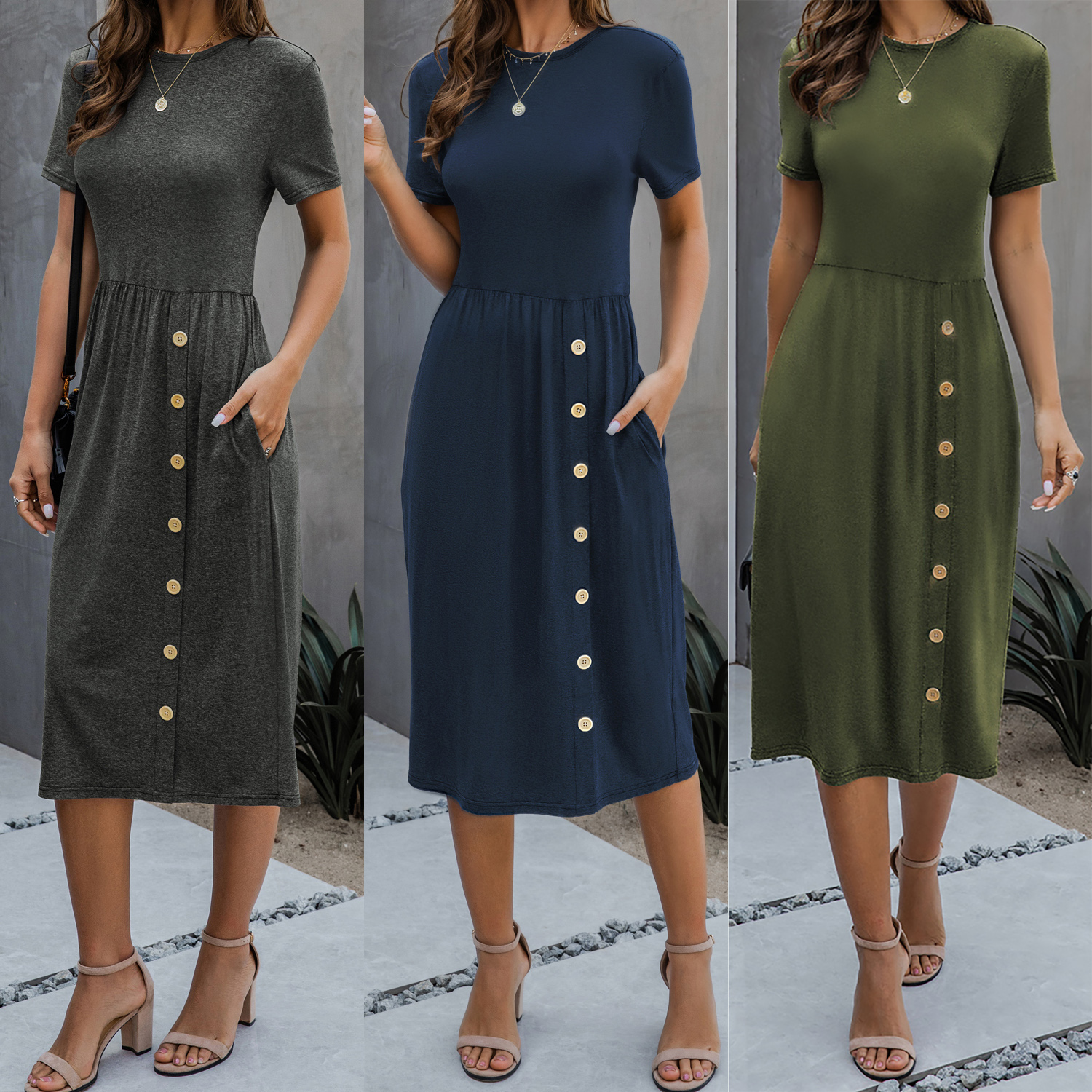 

Casual Short-sleeve Solid Collect Waist Dress