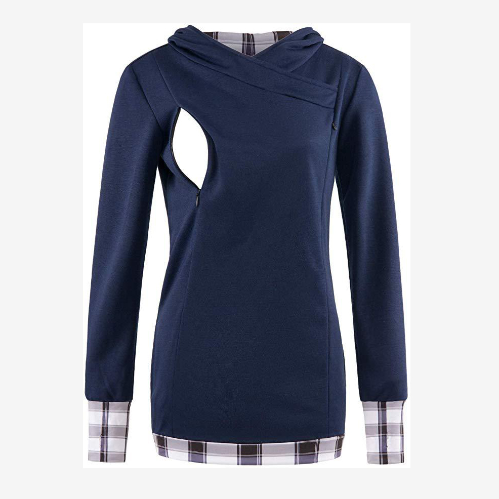 

Maternity Hooded Plaid Color block Nursing Hoodie