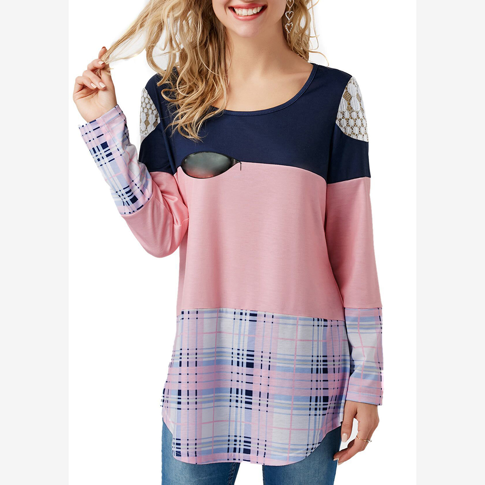 

Maternity Round collar Color Block Color block Pink Long-sleeve Nursing Tee
