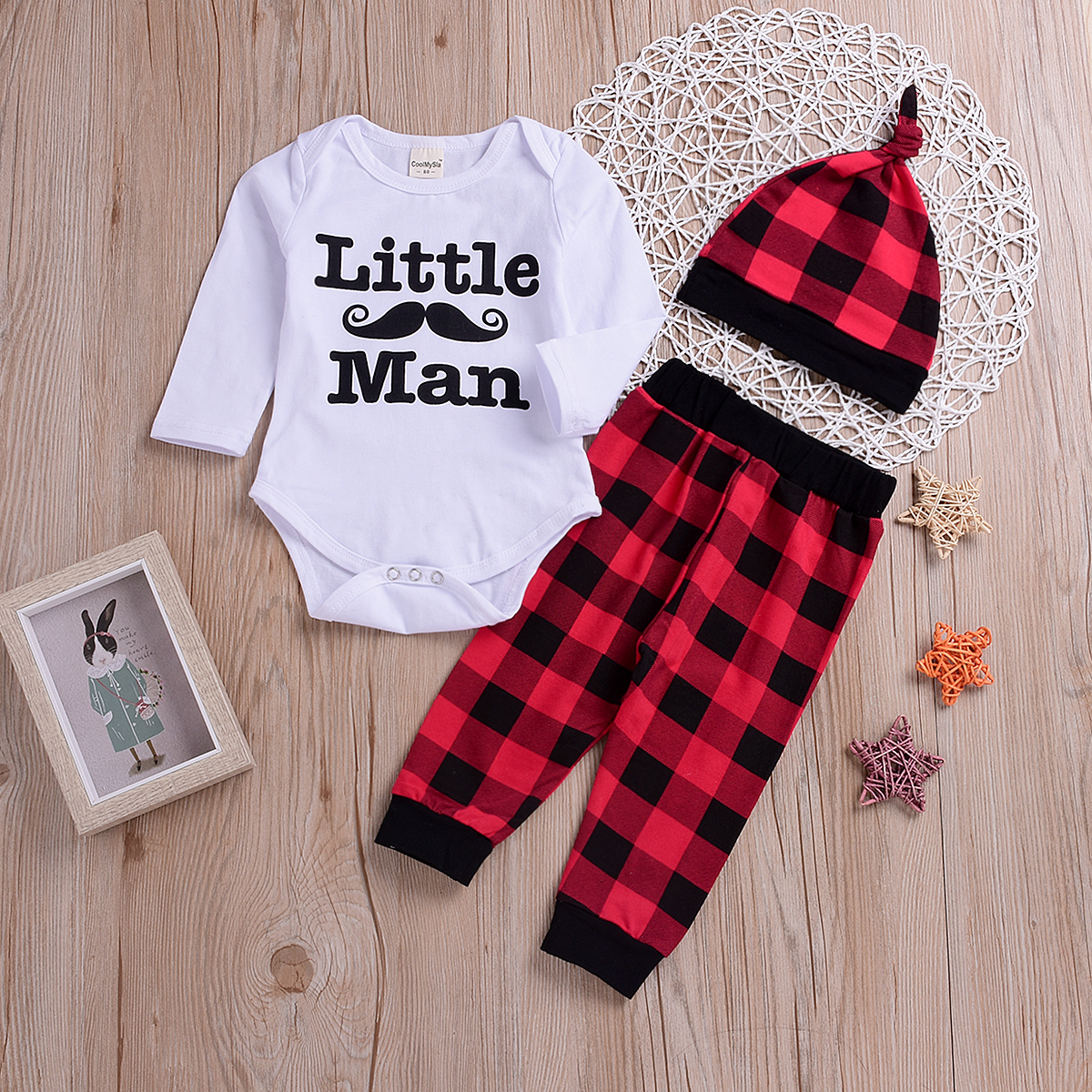 

3-piece Baby LITTLE MAN Print Bodysuit and Plaid Pants with Hat Set