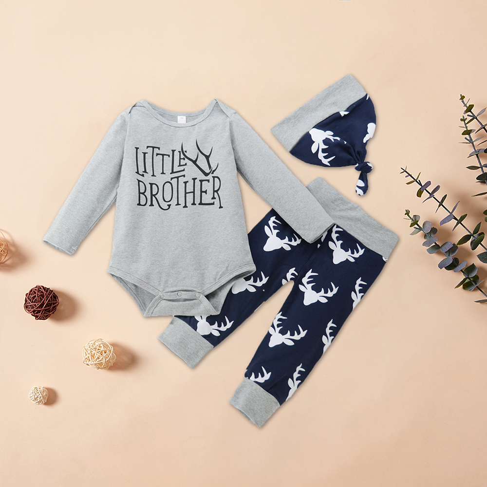 

3-piece Baby Christmas LITTLE BROTHER Print Bodysuit and Reindeer Pants with Hat Set