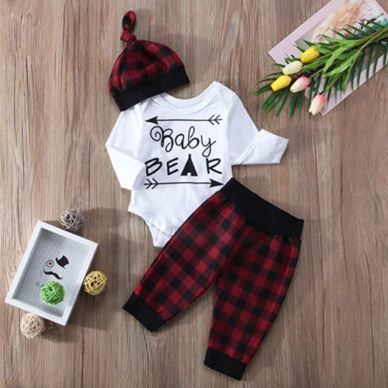 

3-piece Baby / Toddler BABY BEAR Print Bodysuit and Plaid Pants with Hat Set