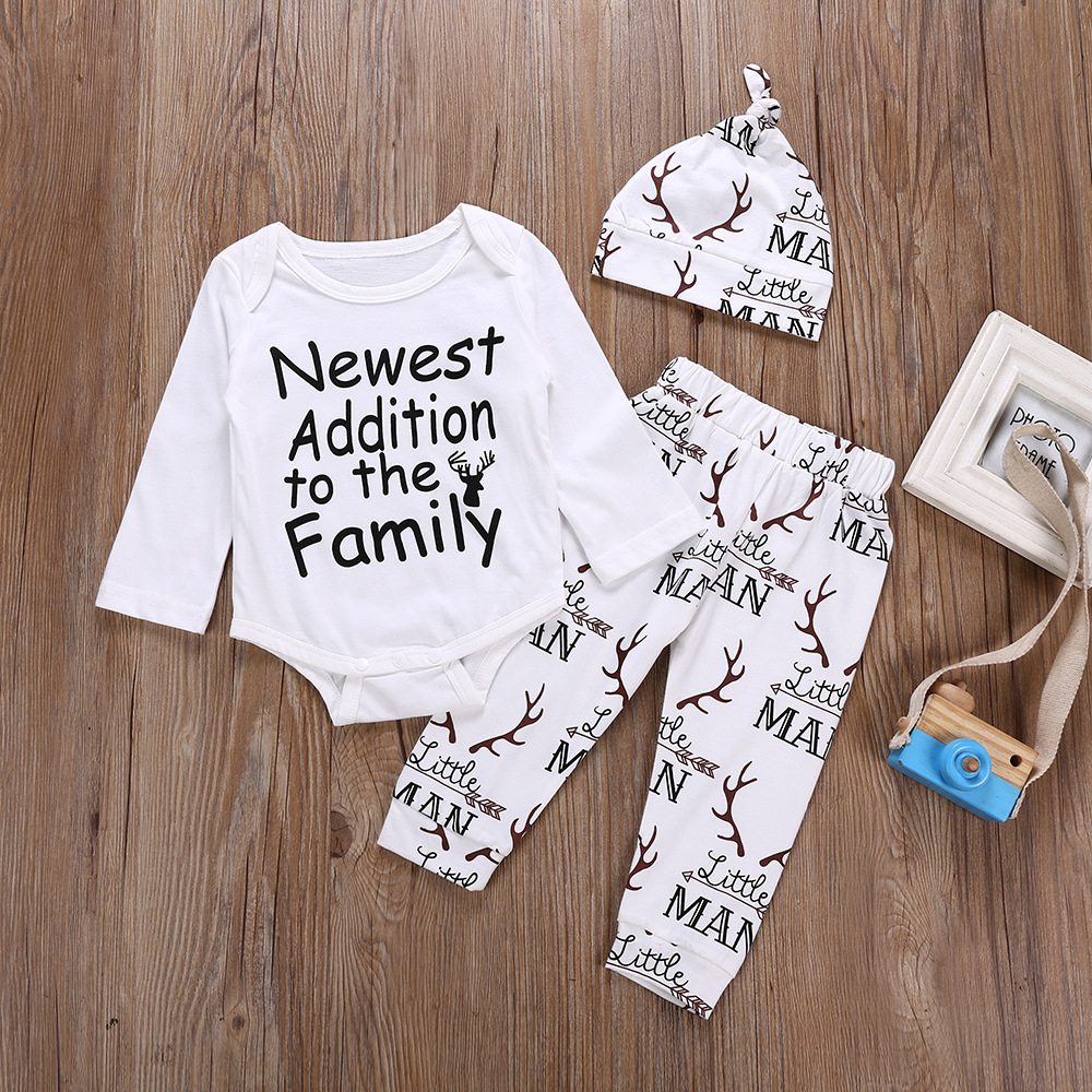 

3-piece Baby Christmas NEWEST ADDITION TO THE FAMILY Print Bodysuit and Pants with Hat Set