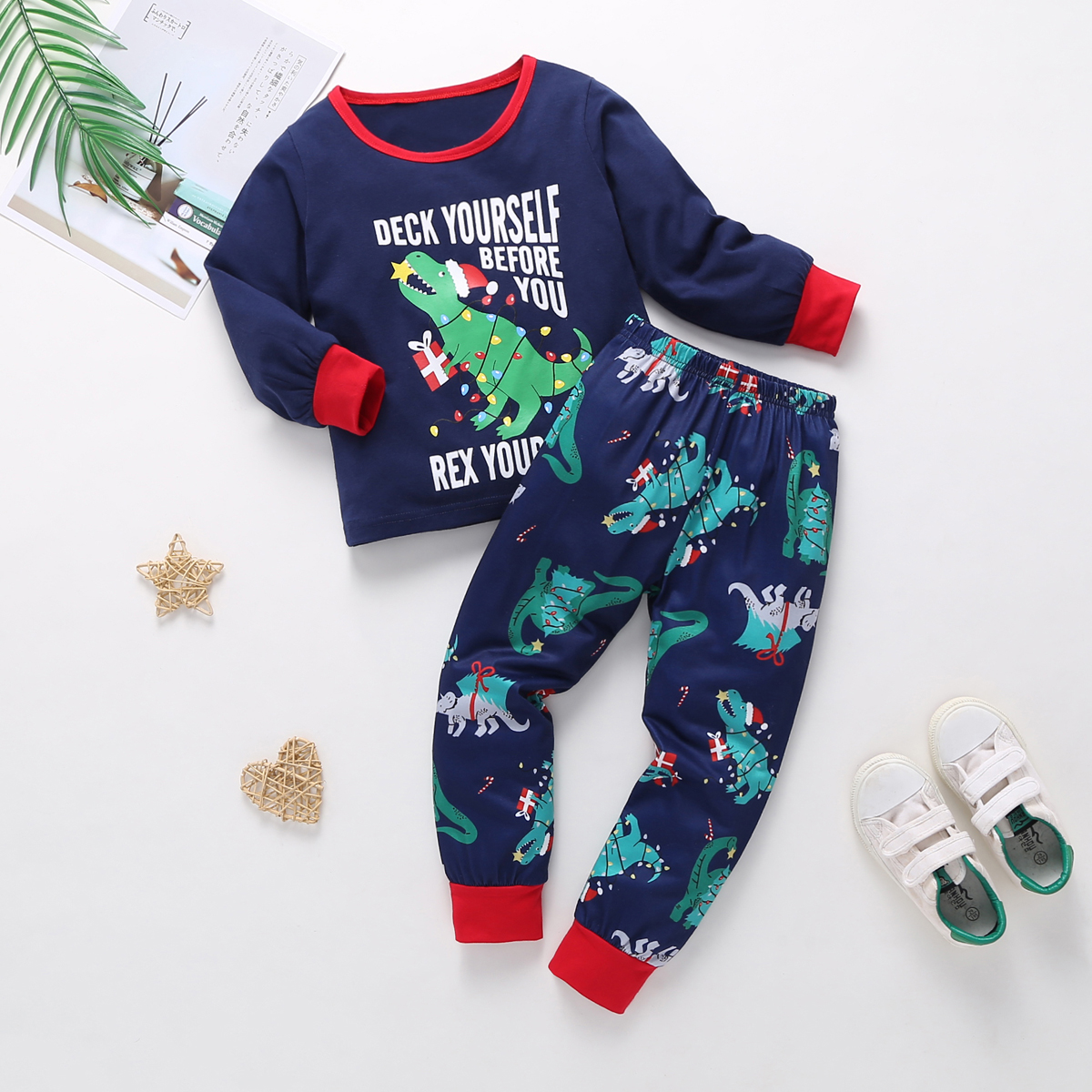 

Baby Boy Christmas Dino Print Long-sleeve Top and Pants Set