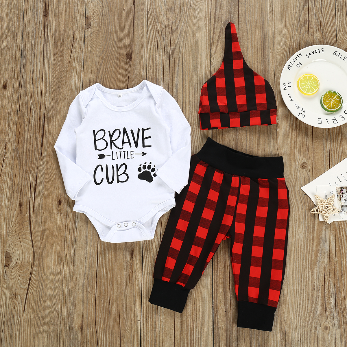 

3-piece Baby Christmas BRAVE LITTLE CUB Print Long-sleeve Bodysuit and Plaid Pants with Hat Set