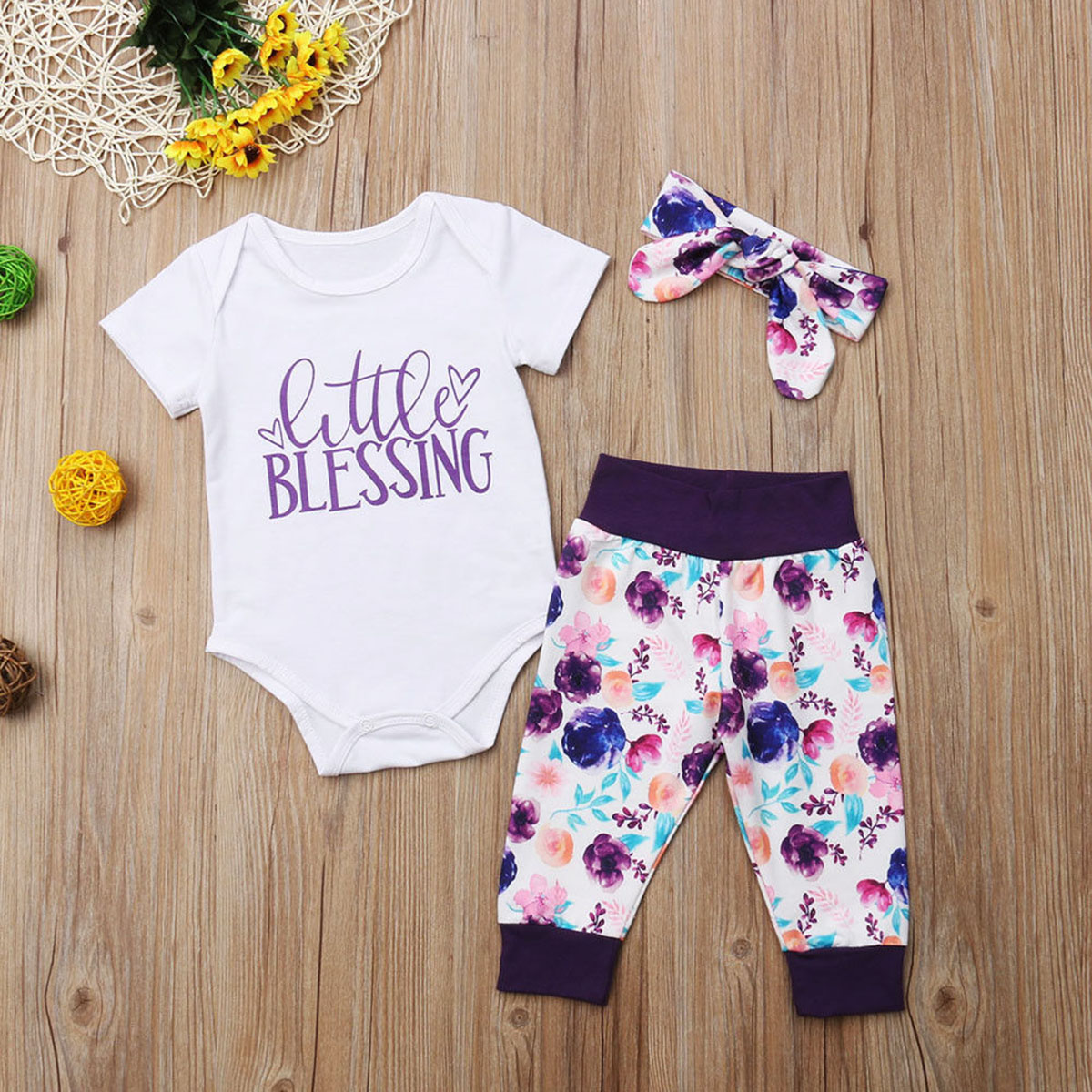 

3-piece Pretty LITTLE BLESSING Bodysuit, Floral Pants and Headband Set