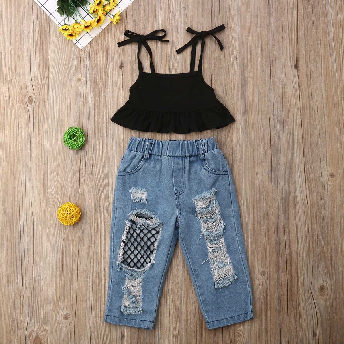 

Toddler Girl Ruffle Top and Ripped Jeans Set