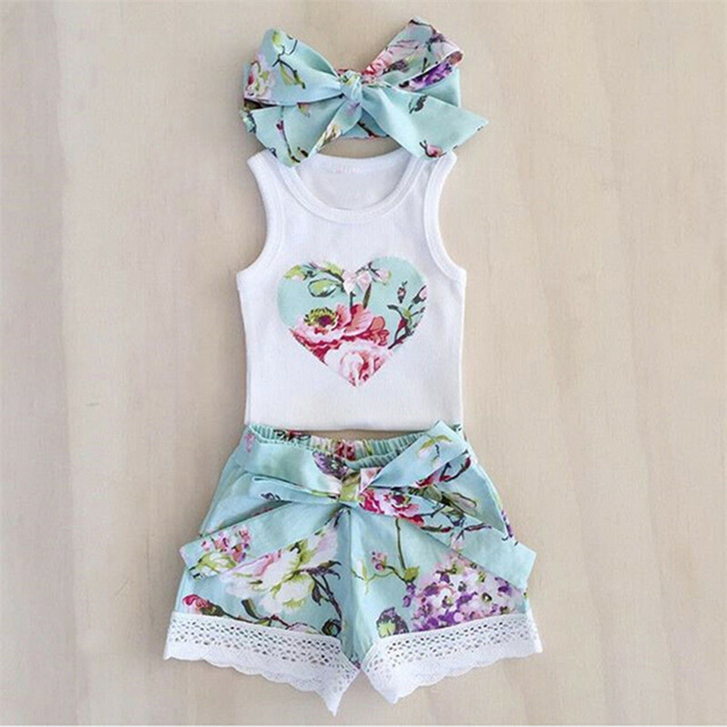 

Baby Girl's Floral Heart Print Tank, Lace Short and Bow Headband