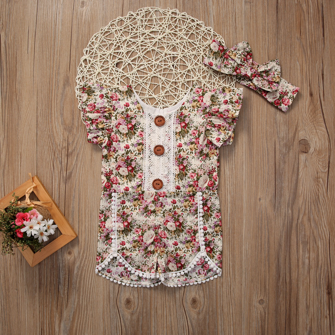 

Baby Girl Ruffle Lace Trim Floral Romper with Headband