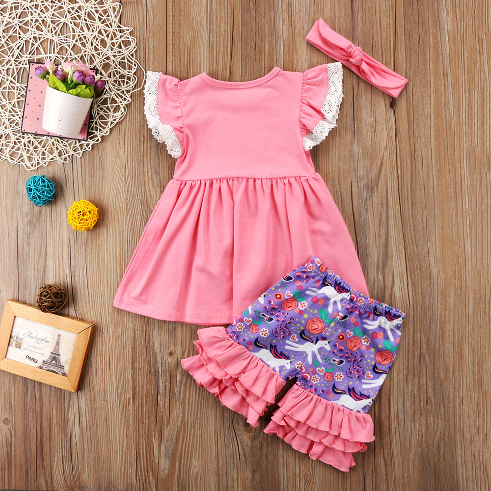 

Lace Ruffle-sleeve Top and Unicorn Shorts Headband Set