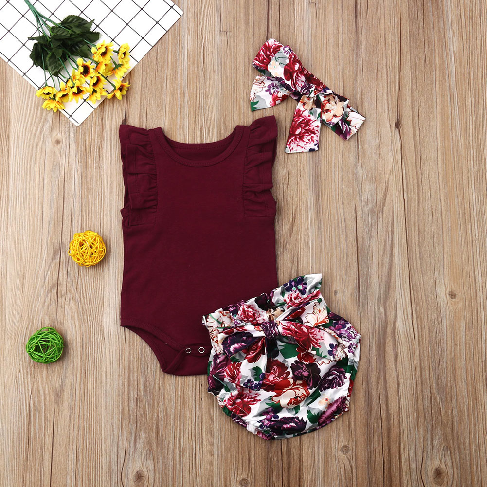 

Ruffle Soild Bodysuit and Floral Shorts Headband Set