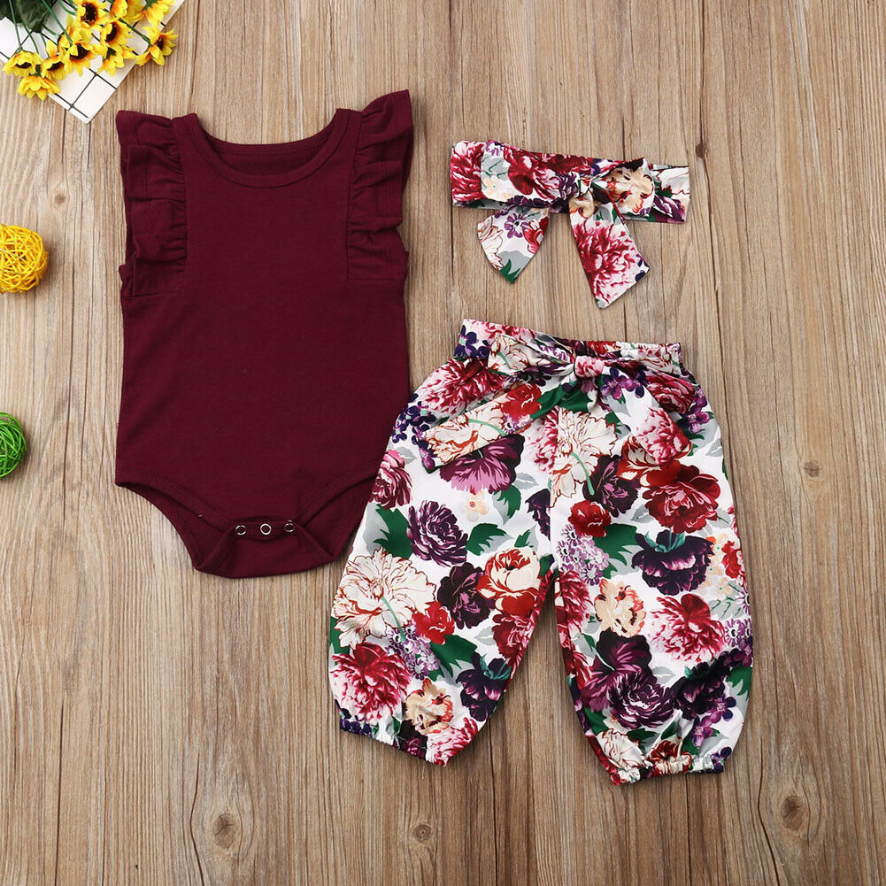 

Ruffle-sleeve Bodysuit and Floral Pants Headband Set