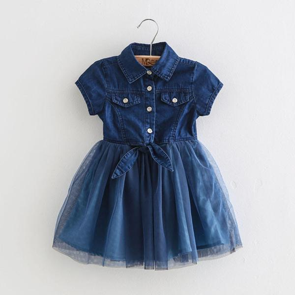 

Lapel Collar Denim Short-sleeve Tulle Dress