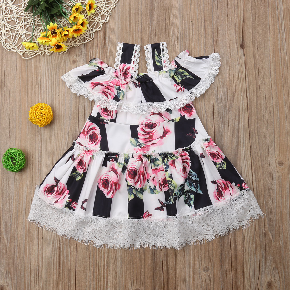 

Lace Vertical Striped Floral Print Sling Dress