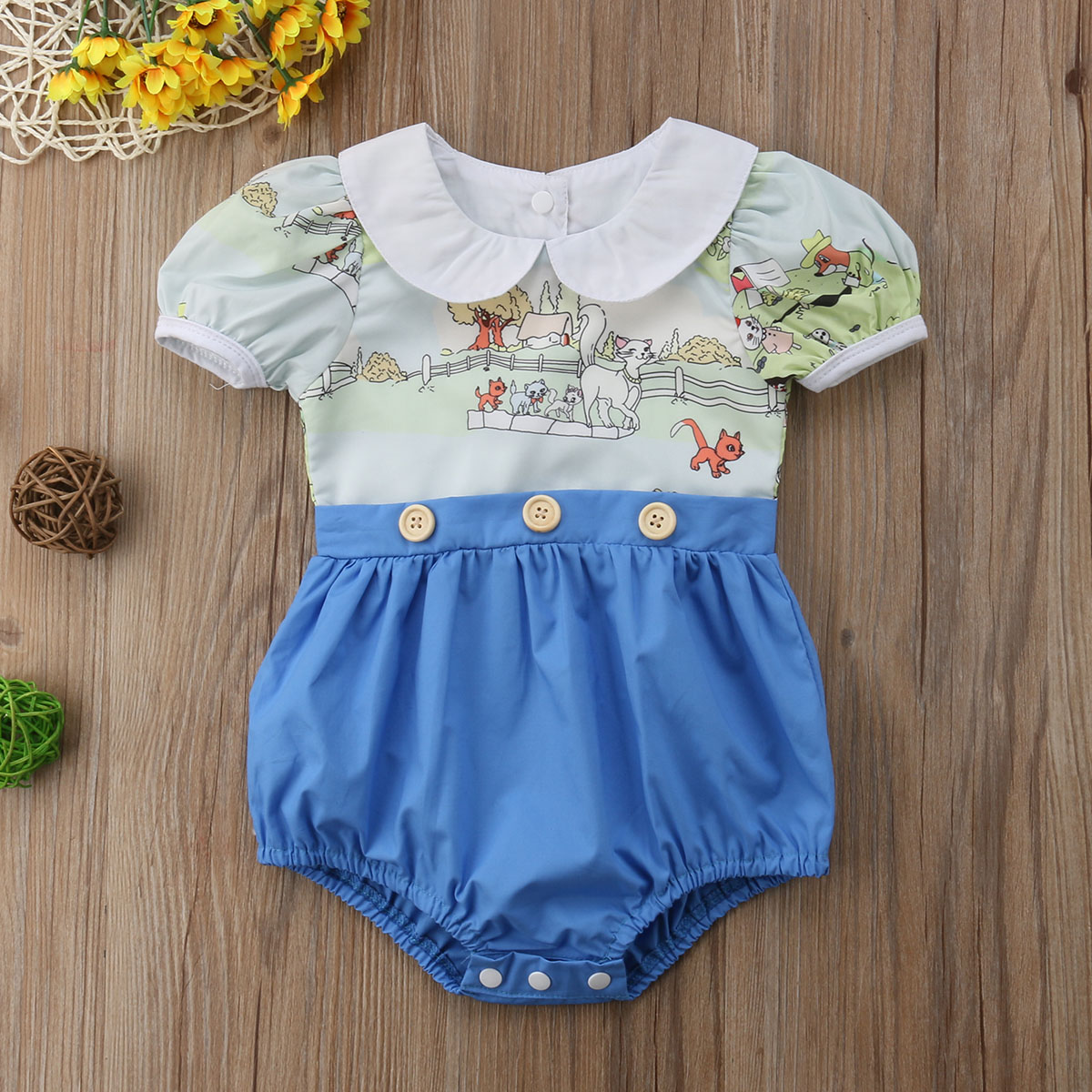 

Baby Splice Doll Collar Lovely Cat Print Bodysuit