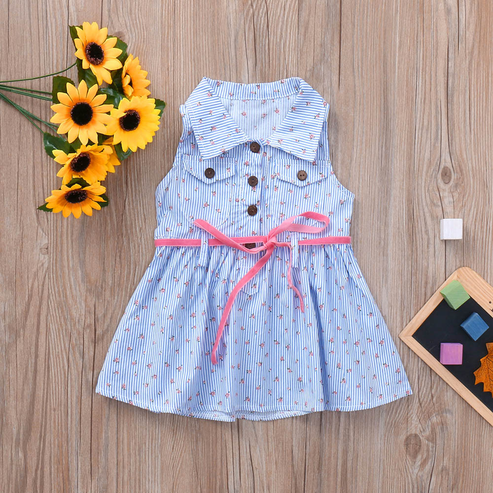 

Girl's Striped Rose Allover Belted Sleeveless Dress