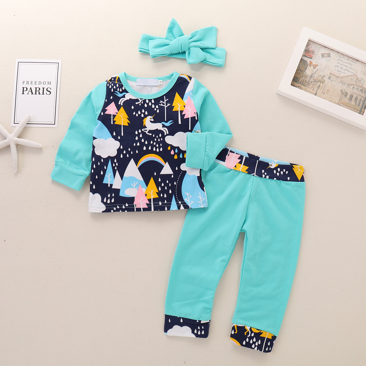 

3-piece Baby Cartoon Print Long-sleeve Top and Solid Pants with Headband Set
