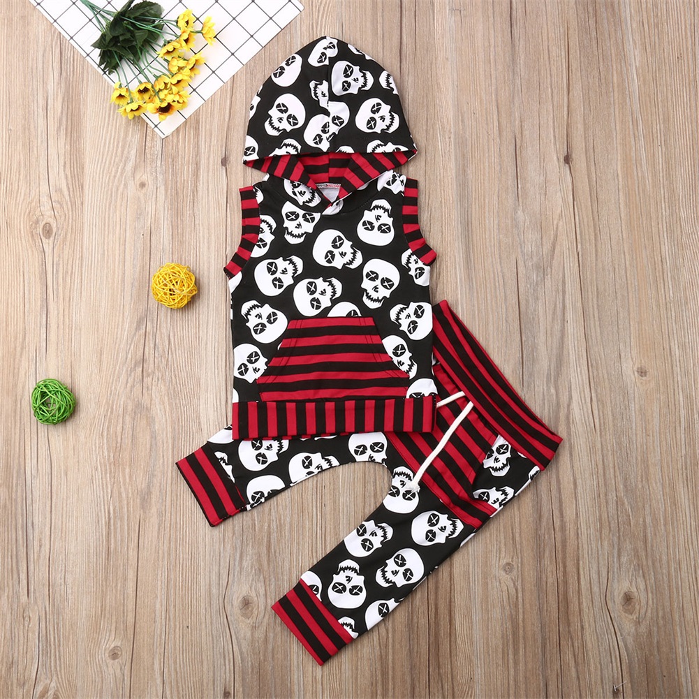 

Baby / Toddler Halloween Skull Print Striped Hooded Tank and Pants Set