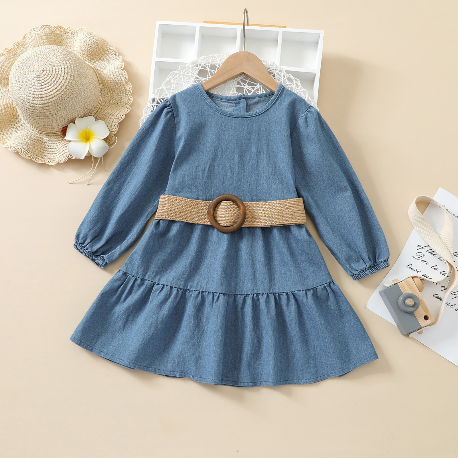 

Toddler Girl 100% Cotton Round-collar Back Button Design Denim Dress with Belt