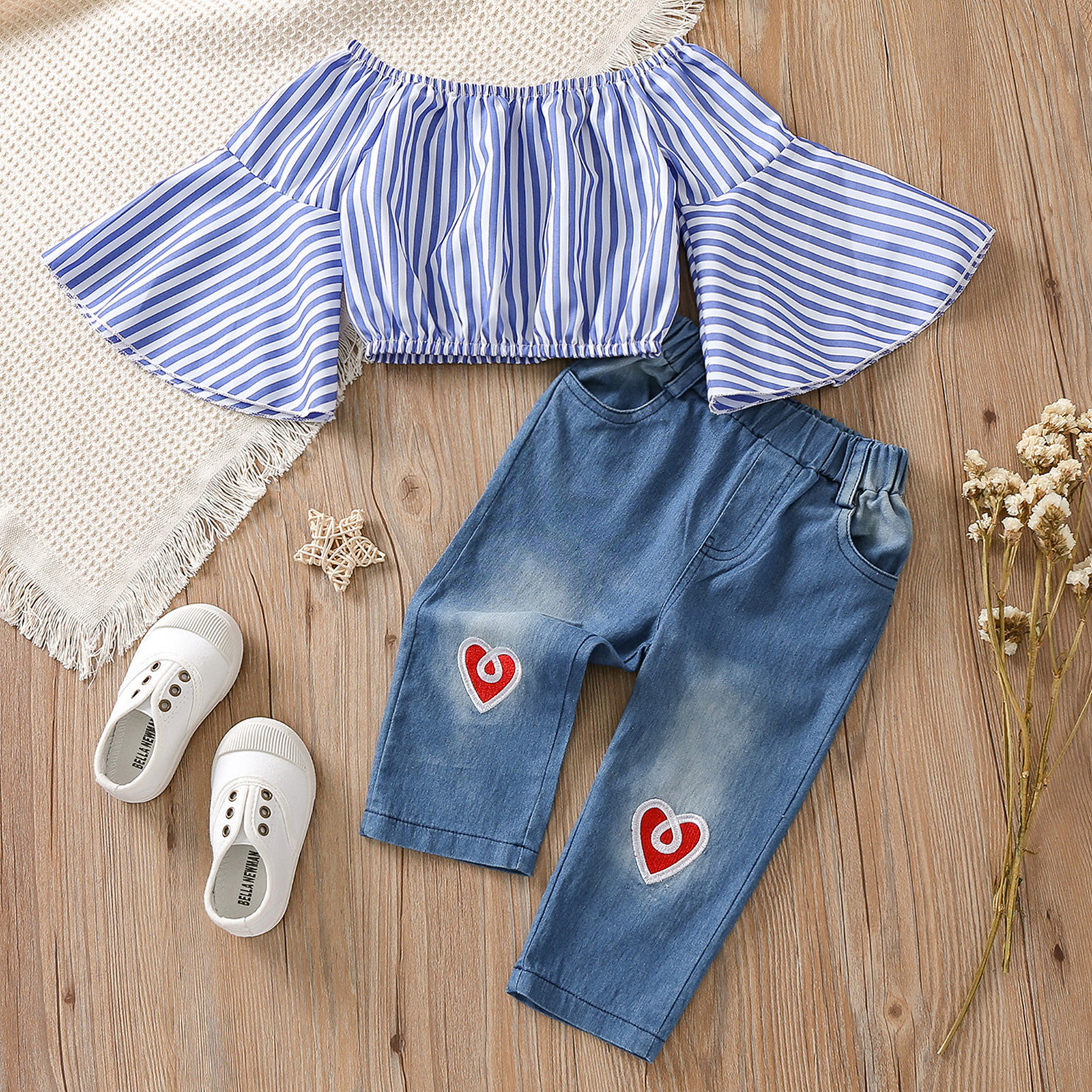 

2-piece Toddler Girl Stripe Off Shoulder Bell sleeves Top and Heart Embroidered Denim Jeans Set