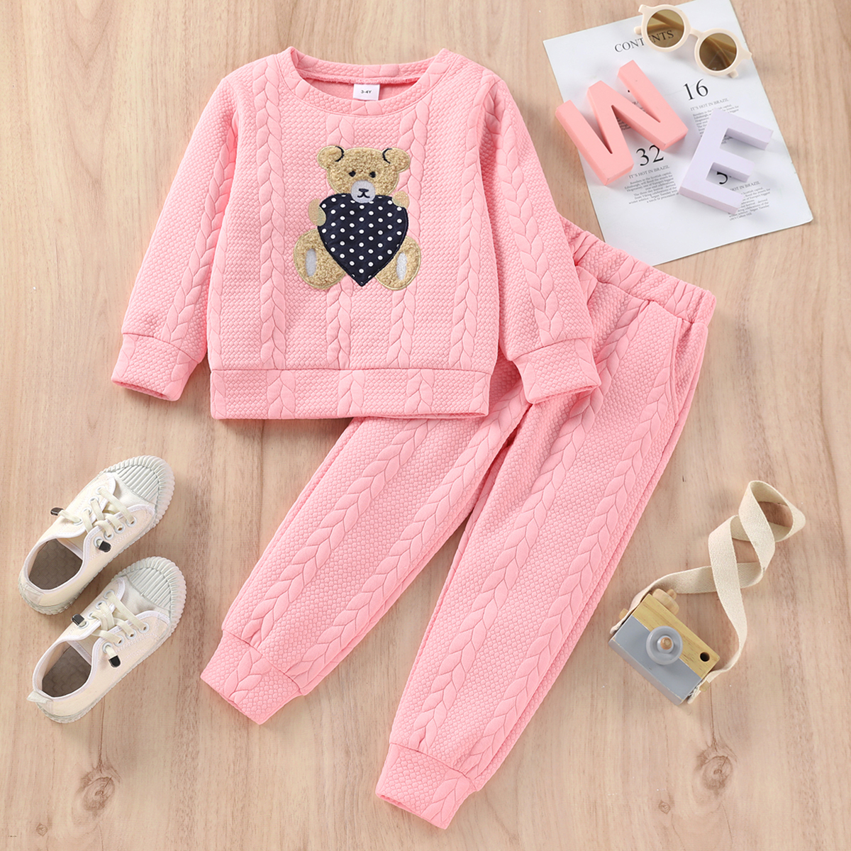 

2pcs Toddler Girl Bear Embroidered Cable Knit Textured Pullover Sweatshirt and Pants Set