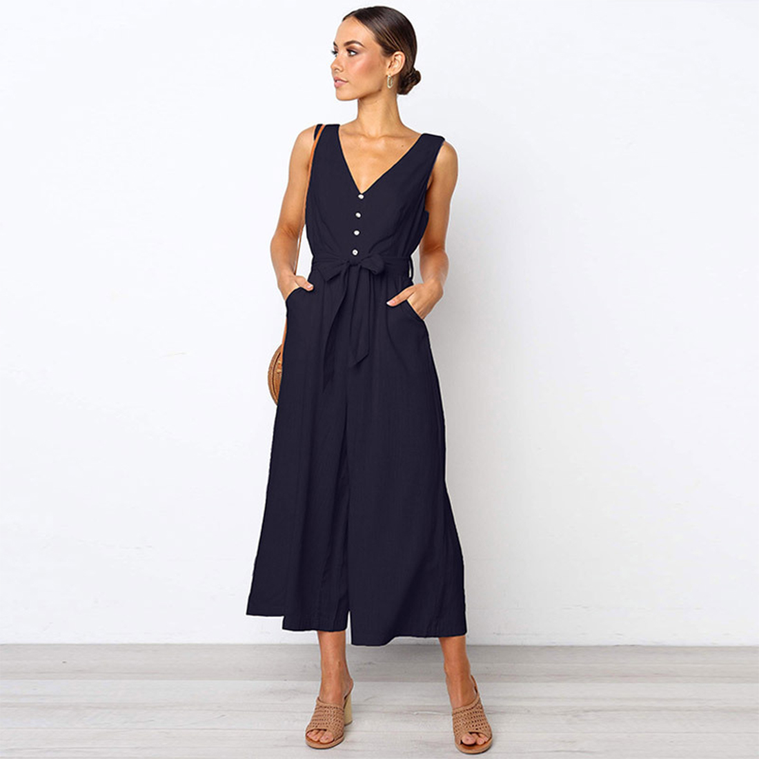 

V-neck Zipper Waist Tie Jumpsuit