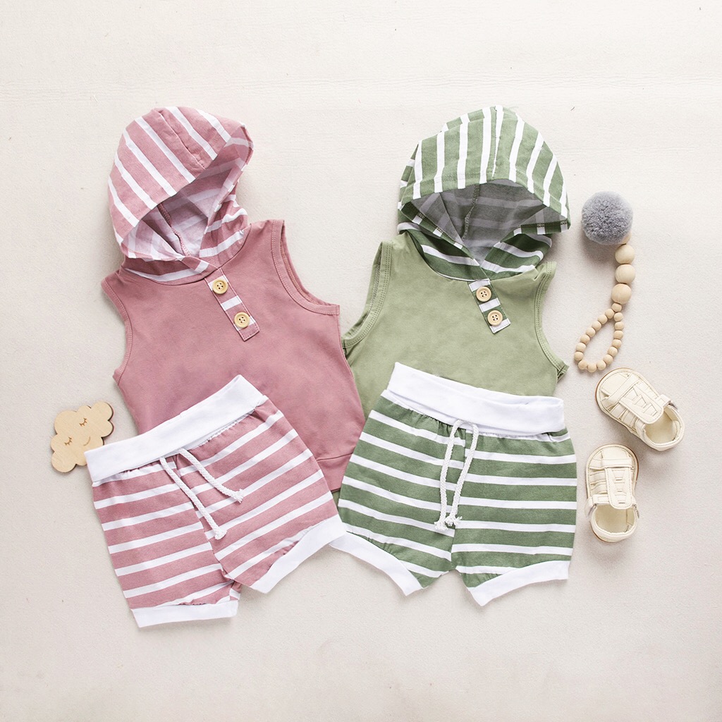

Baby / Toddler Striped Sleeveless Hooded Top and Shorts Set
