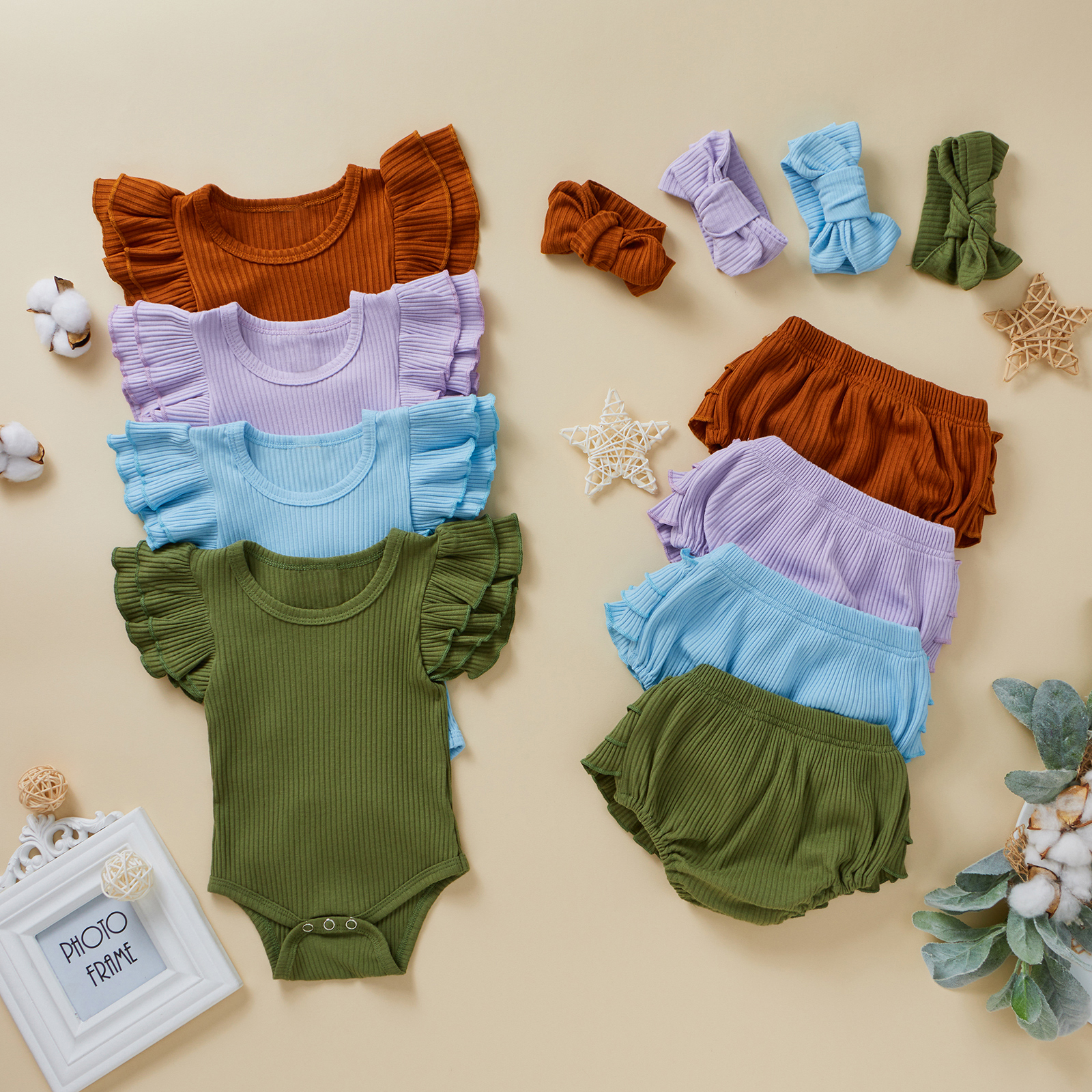 

3pcs Baby Girl Solid Short-sleeve Cotton Romper Sweet Baby's Sets