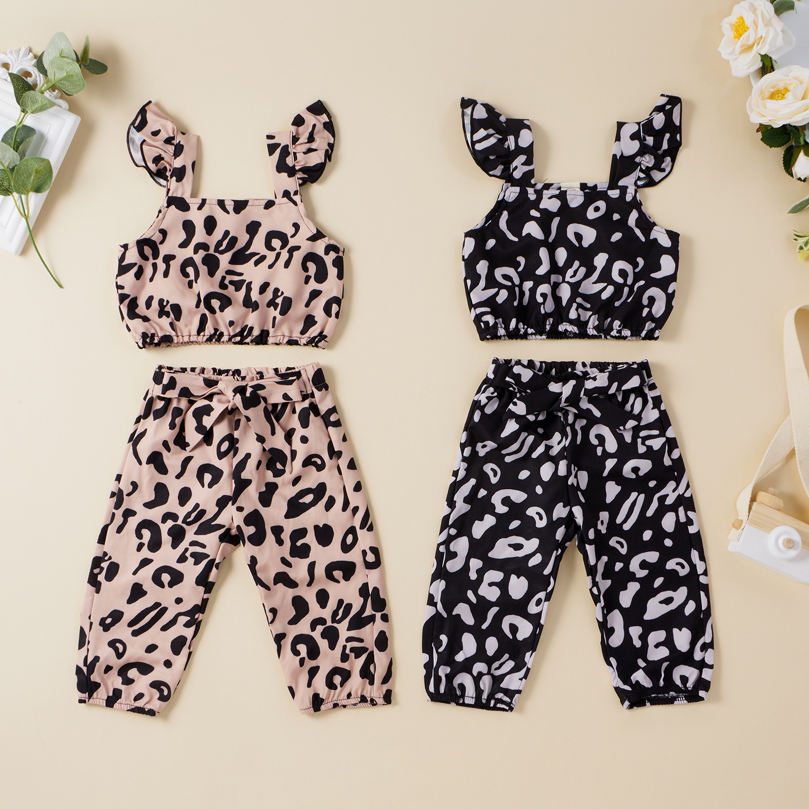 

2pcs Leopard Print Cotton Fall Summer Spring Baby Girl Sleeveless Baby's Sets