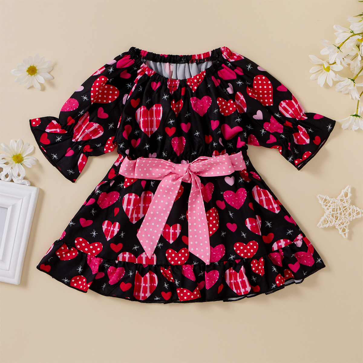 

1pc Baby Girl Long-sleeve Cotton Heart-shaped Sweet Dress
