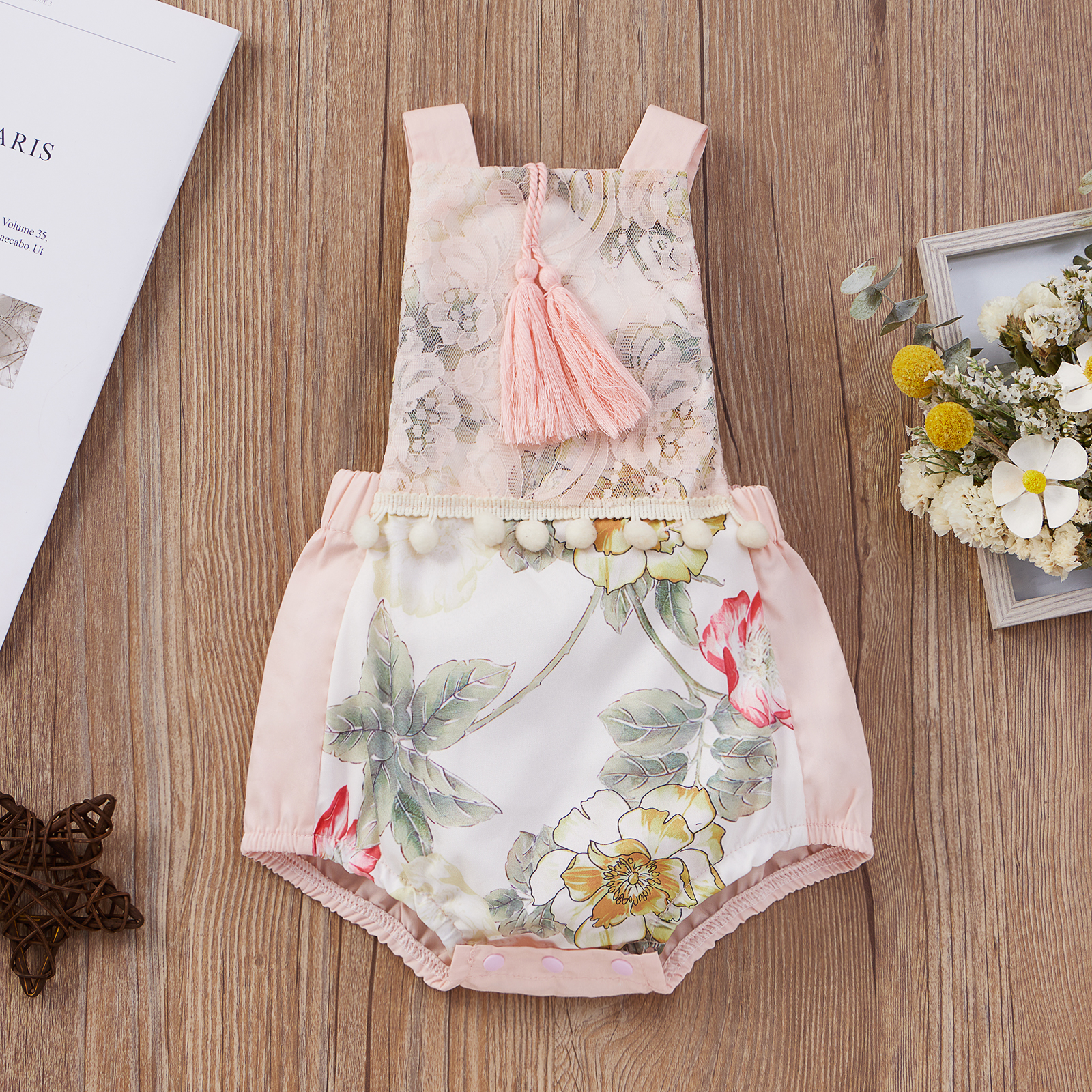 

Baby Floral Print Lace Tassel Strappy Romper